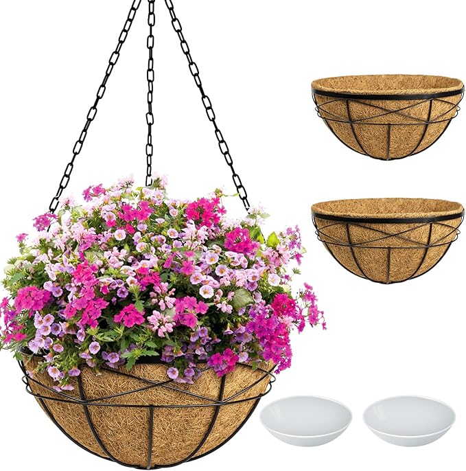 2 Pack 20 Inch Extra Large Deep Hanging Planters for Outdoor Plants Watering Hanging Baskets Flower Pots with Coco Liners Metal Hanging Plant Holder for Porch Balcony Garden Decor