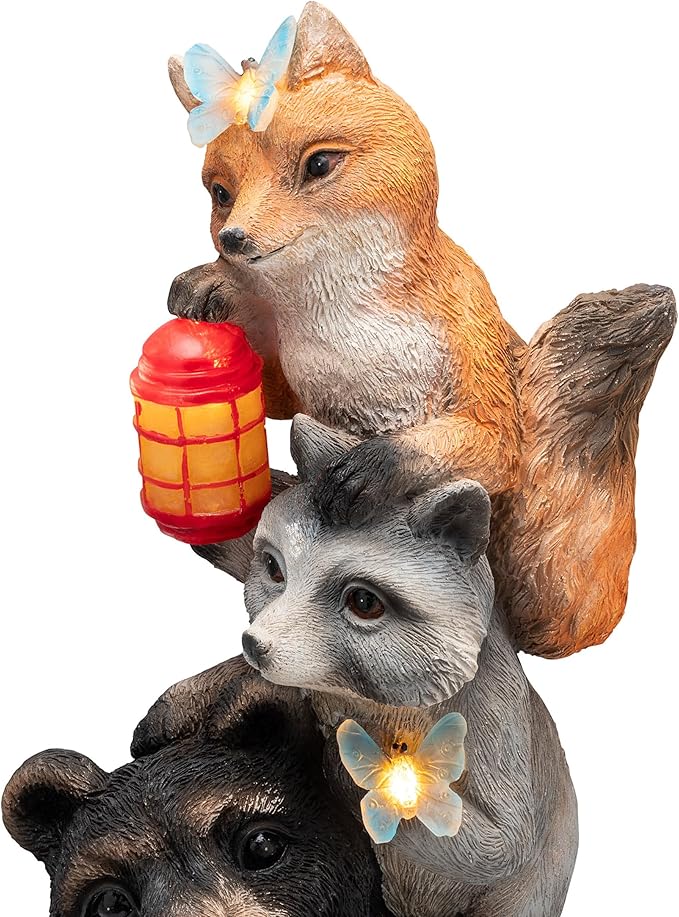 Alpine Corporation 19" Tall Outdoor Solar Powered Animal Friends Statue with LED Lights, Multicolor