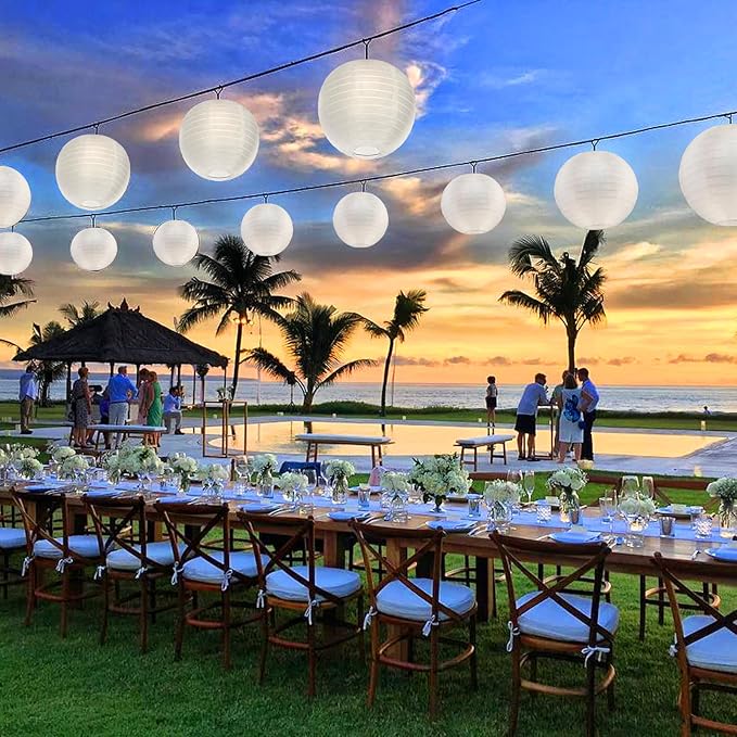 20 Pack White Outdoor Silk Lanterns Decorative, 10inch Waterprooof Outside Indoor Chinese Hanging Round Lanterns for Weddings, Birthdays, Parties Decoration (White)