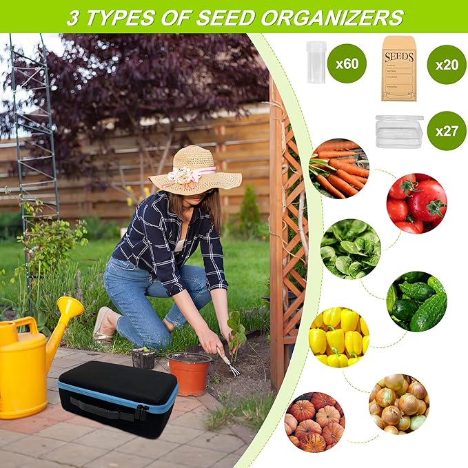 87 Slots Seed Storage Organizer Box with 20 Seed Envelopes, Large Capacity Seed Storage Container with Zipper Bag, Label Stickers, Tweezers, Funnel, Garden Seeds Saver Kit for Vegetable, Flower