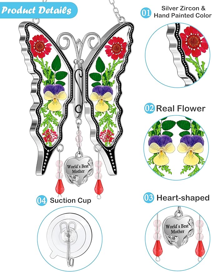 KY&BOSAM Butterfly Suncatcher World`s Best Mother Gifts Stain Glass Suncatchers for Windows Hanging Wind Chimes Home Ornament Gifts for Mom Mother`s Day Valentine's Birthday Christmas Thanksgiving