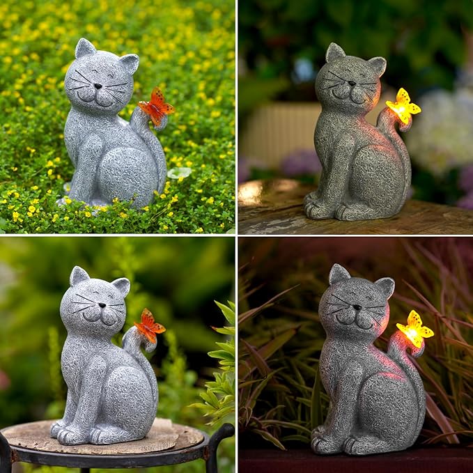 Nacome Solar Cat Outdoor Statues for Garden: Outside Decor with Butterfly Clearance for Yard Art Lawn Ornaments Porch Patio Balcony Home House - Birthday Gifts for Grandma Mom Women