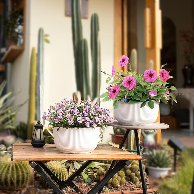 T4U 10 Inch Self Watering Pots for Indoor Plants, Plastic Plant Pots with Drainage Hole, Large Flower Pots for Indoor Outdoor Plants Cactus, Garden, Set of 2, White