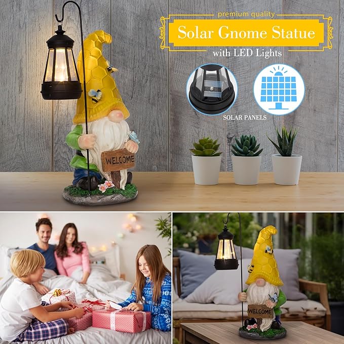 12.6'' Solar Garden Gnomes Outdoor Statues with Lantern, Welcome Gnome Garden Outdoor Decor Gift Waterproof Decoration for Patio, Balcony, Yard Ornament - Unique Housewarming Gifts