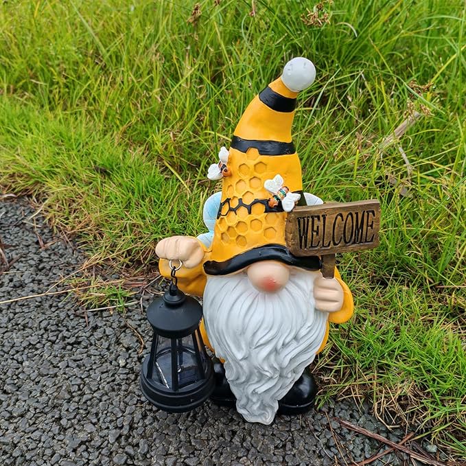 Gnome Garden Statues with Solar Lights Outdoor Gnomes Sculpture Yard Patio Decor for Lawn Ornaments Gardening Gifts(Bee Gnome