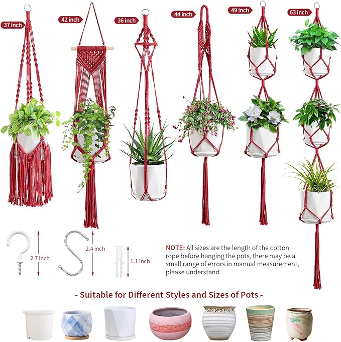 Macrame Plant Hangers, 6Pack Hanging Planters for Indoor Plants w/ 6 Set Hangers Kit Handmade Macromay Plant Hangers Indoor Flower Pots Holder Stand for Boho Home Décor (POTS NOT Included)