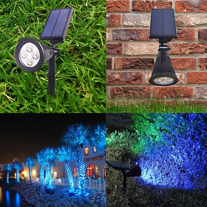 Solar Spotlights Outdoor Waterproof Adjustable Solar Garden Landscape Spot Light, 4 LEDs 2-in-1 Auto On/Off Solar Inground Lights for Patio Yard Garden Driveway Pathway (2 Pack, Blue)