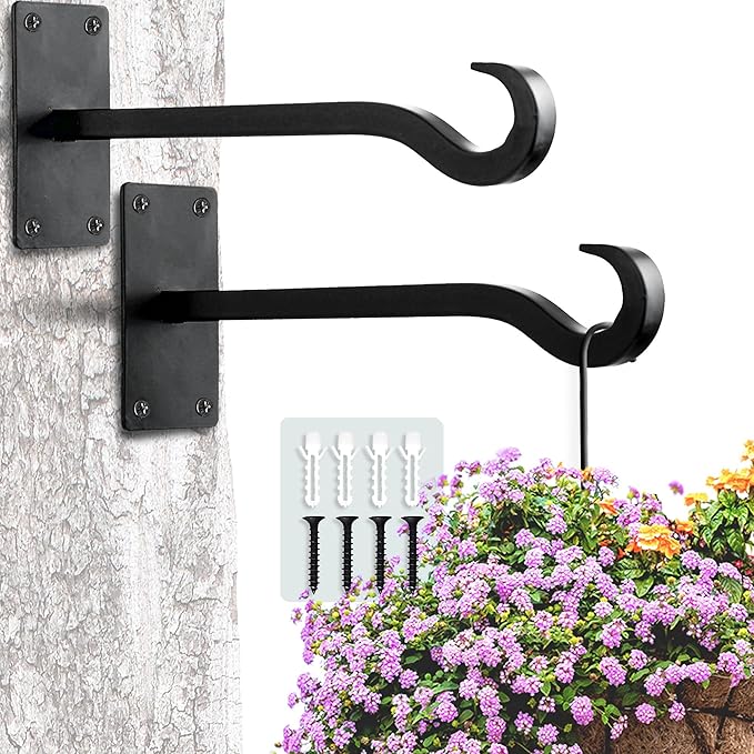 Qiang Ni Bird Feeder Hanger: 8-Inch Wall-Mounted Plant Bracket Outdoor - 2 Pieces Black Plant Hooks for Hanging Flower Baskets