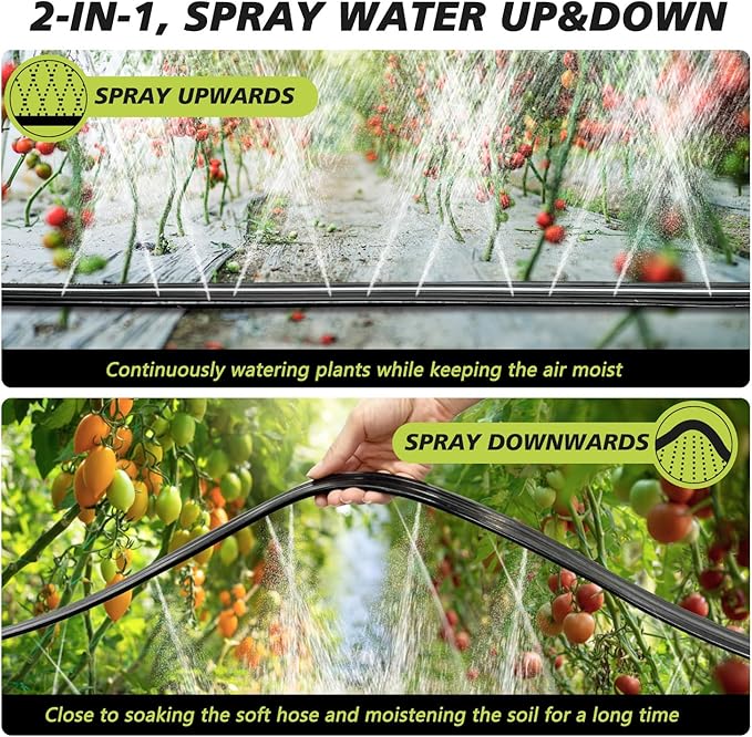 Sprinkler Soaker Hose 25 ft, Flat Watering Hose with Holes, Water Saving Drip Line Irrigation Hoses with Garden Staples for Lawn, Vegetable Garden Beds (25 ft)