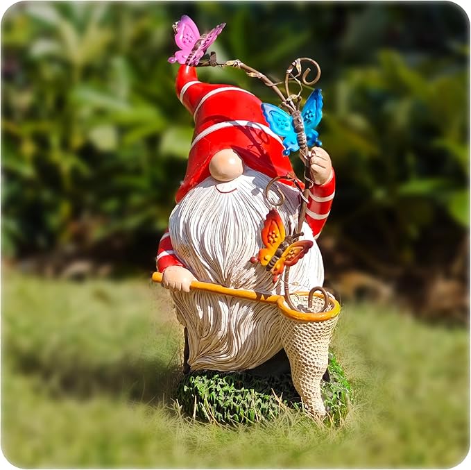 Solar Powered Gnome Garden Statue with Iron Butterflies - LED Lighted Garden Decorations, Resin Gnome with Butterfly Net, Gifts for Women and Men,Outdoor Decor Ornaments for Outside