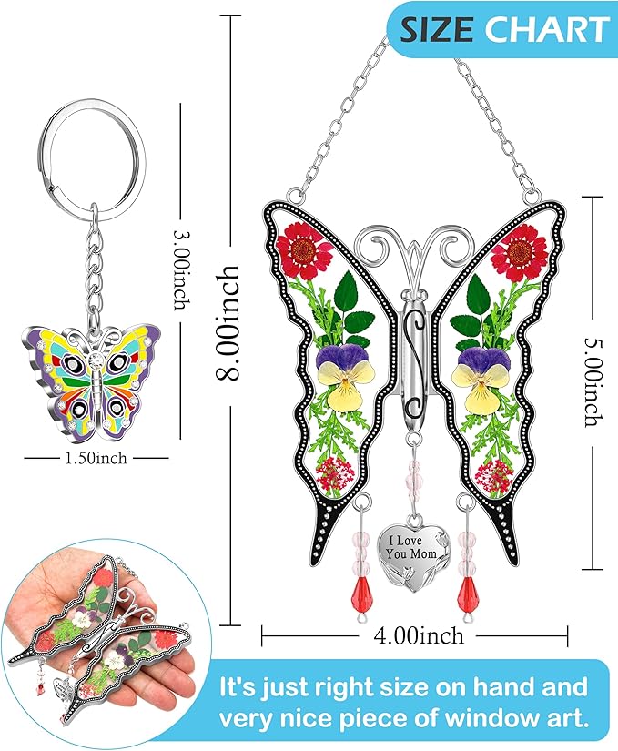 KY&BOSAM Butterfly Suncatcher Gifts for Mom for Windows Hangings I Love You Mom Pressed Flower Between Wings Glass Metal Engraved Charm Birthday Gifts for Women Mom Mother's Day Valentine's Christmas