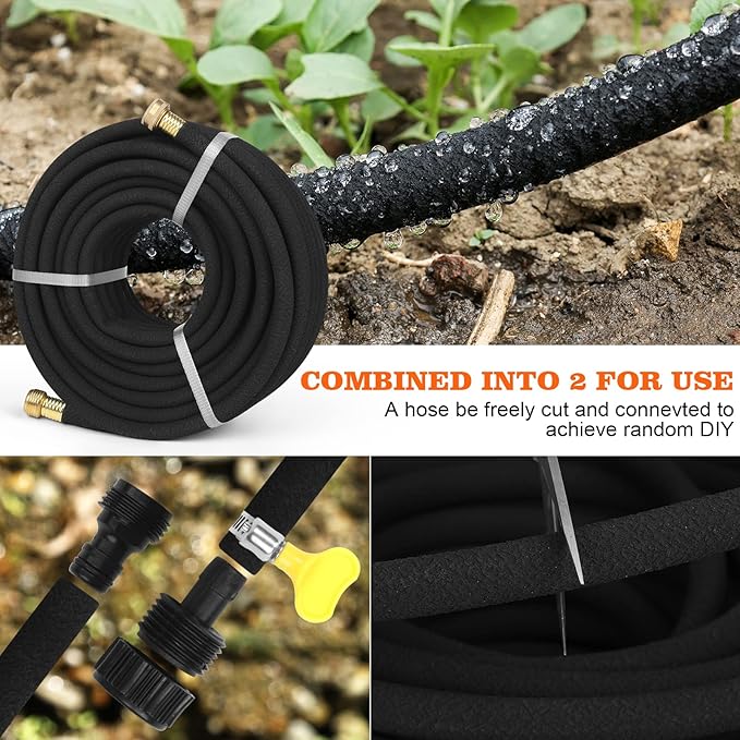 Soaker Hose 50 FT for Garden with 5/8" Diameter Irrigation Hose Save 70% of Water Solid Brass Interface Eminently Suitable for Lawn and Garden Bed Cover