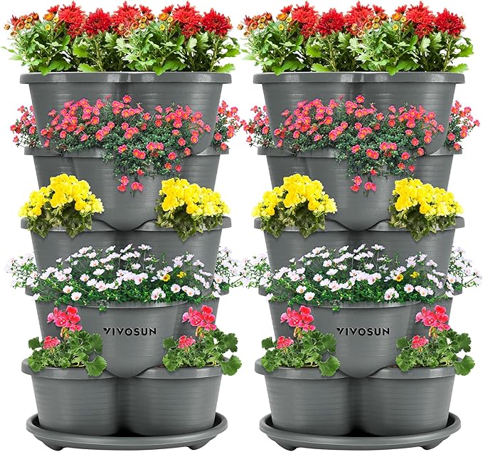 VIVOSUN 2-Pack 5 Tier Vertical Gardening Stackable Planter for Strawberries, Flowers, Herbs, Vegetables, Grey