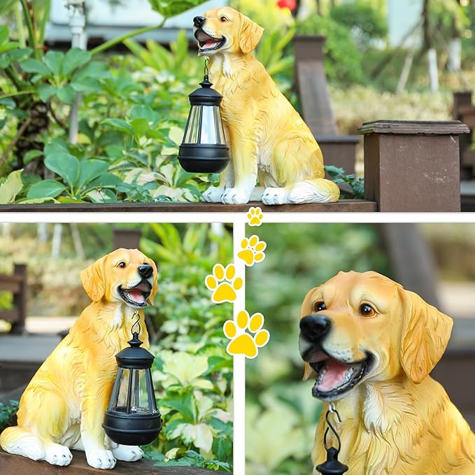 Afirst Solar Dog Statue Garden Decor, Outdoor Statue Decor with Solar Lantern Lovely Golden Retriever Figurine Patio Lawn Yard Art Ornaments Housewarming Gift