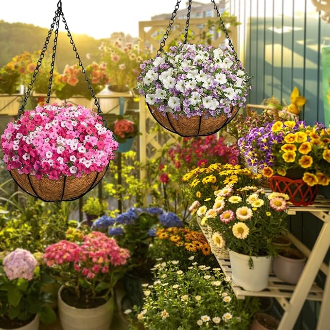 ZeeDix 6 Pack 14 Inch Metal Round Hanging Planter Basket with Coconut Liners Replacement, Hanging planters Baskets with Natural Coco Liner for Outdoor Indoor Planters Flowers Vegetables
