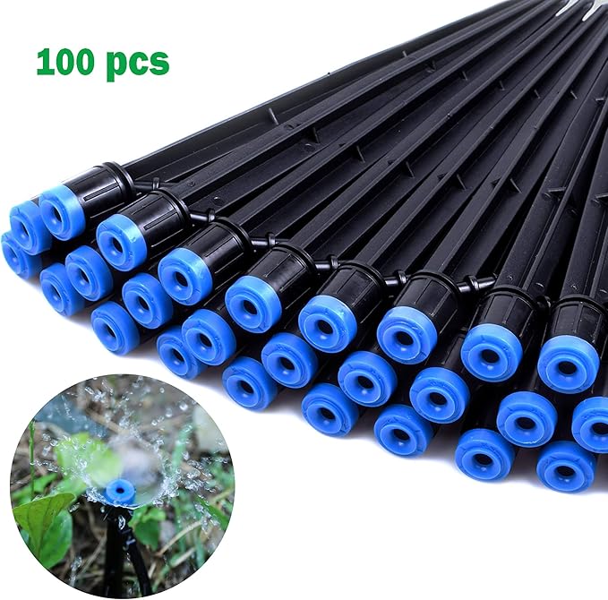 100PCS Drip Emitters Fan Shape with Stake Water Flow Adjustable for 1/4 inch Irrigation Tube Hose, 360 Degree Sprayer Perfect for Irrigation System Watering Kits for Garden Patio Lawn Flower Bed