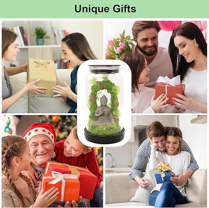 Solar Garden Buddha Statue for Home Decor - 9.8'' Zen Solar Lights Sculptures Decor with 15 LED, Sitting Meditating Buddha Serene Moss Figurine in Jar for Patio Lawn Yard Good Luck Housewarming Gifts