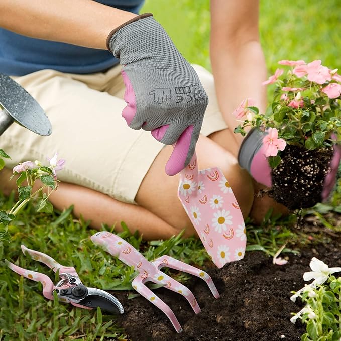 WORKPRO Aluminum Garden Tool Set, 4PCS Heavy Duty Hand Garden Tools with Box Include Trowel, Rake, Pruner, Garden Gloves, Pink, Garden Gifts