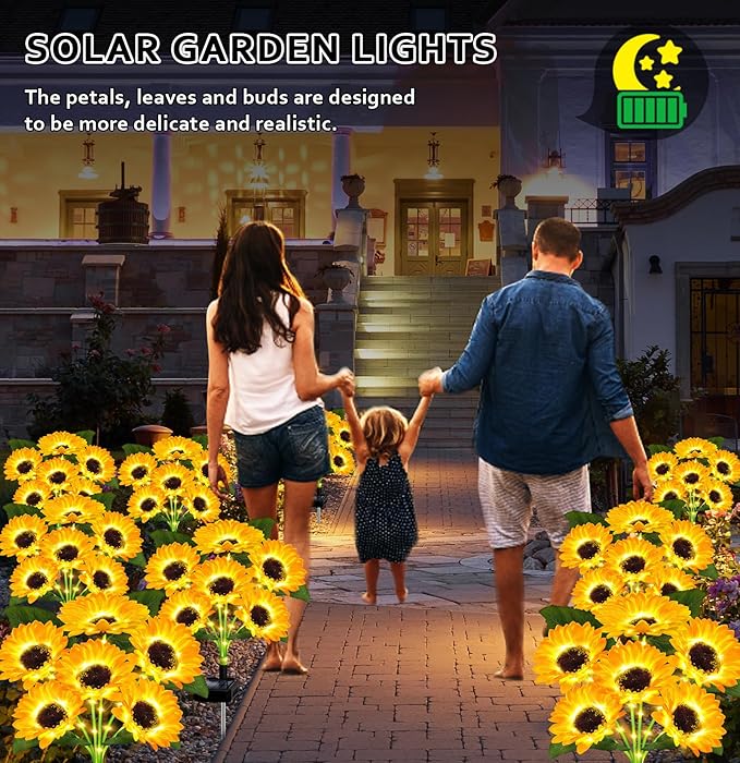 Solar Lights Outdoor Garden Decor,4 Pack with 24 Sunflower Lights,Solar Flowers Lights Waterproof,Sunflowers Gifts for Mom Women Grandma Birthday,Decorative Stakes Lights for Yard Patio Lawn