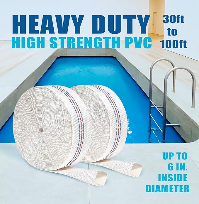 Foresee 2.50 in x 30 ft Backwash Discharge Hose Heavy Duty Reinforced, PVC Lay-Flat Fire Hose (White) with Dual Clamps, for Swimming Pool Pipe, Pump, Water Transfer, Garden Irrigation