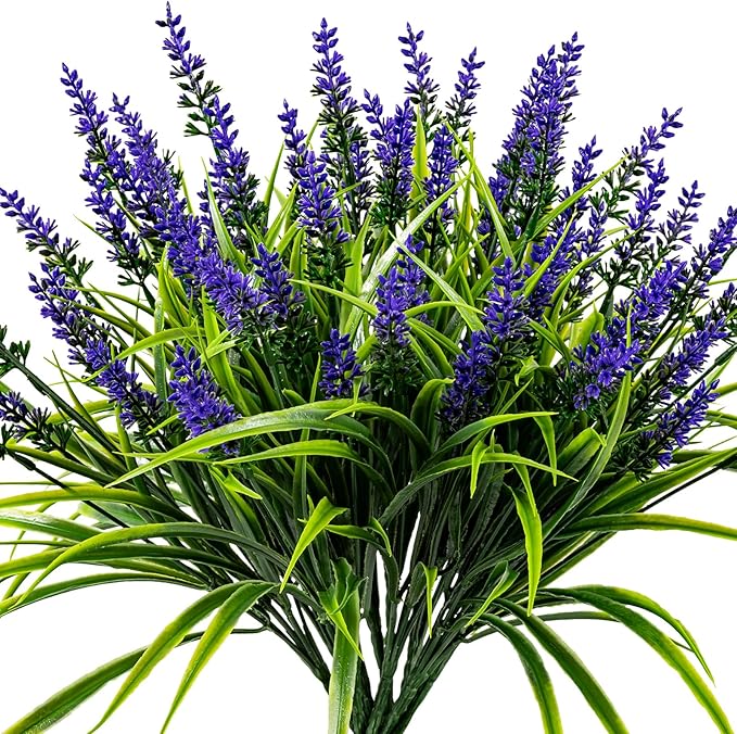 Artificial Flowers for Outdoor Plants 24 Bundles Fake Lavender Plastic Faux Monkey Grass for Verandah Window Garden Office Patio Front Porch UV Resistant for Planter(Purple)
