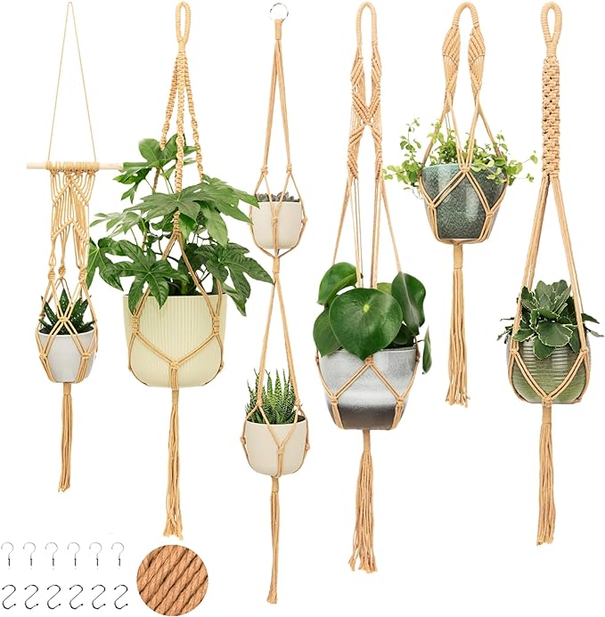 6-Pack Macrame Plant Hanger - 12 Ceiling Hooks, Plant Hanger Indoor, Hanging Plant Holder, Hanging Planters for Indoor Plants, Boho Plant Hanger, Plant Hangers Indoor Macrame (Caramel)
