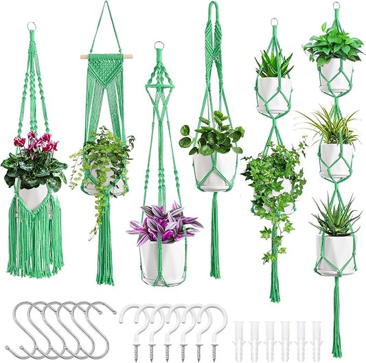 Macrame Plant Hangers, 6Pack Hanging Planters for Indoor Plants w/ 6 Set Hangers Kit Handmade Macromay Plant Hangers Indoor Flower Pots Holder Stand for Boho Home Décor (POTS NOT Included)