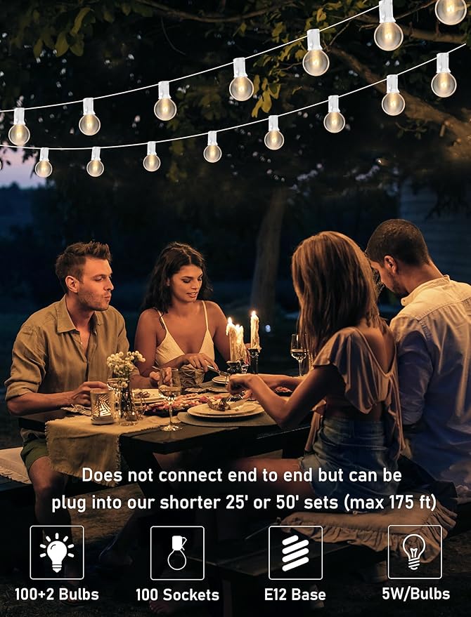 G40 100FT Globe String Lights with 102 Clear Bulbs Indoor Outdoor Patio, Market, Cafe, Garden, Birthday, Wedding Backyard String Lights-5 Watt/120 Voltage/E12 Base -White Wire