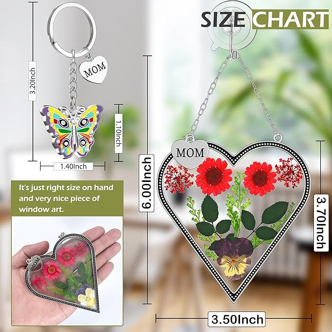 KY&BOSAM Heart Suncatcher Mom Gifts Glass Butterfly Suncatchers for Window Hanging with Pressed Flower Between Heart in Glass and Metal Charm Gifts for Mom Mother's Day Valentine's Birthday Christmas