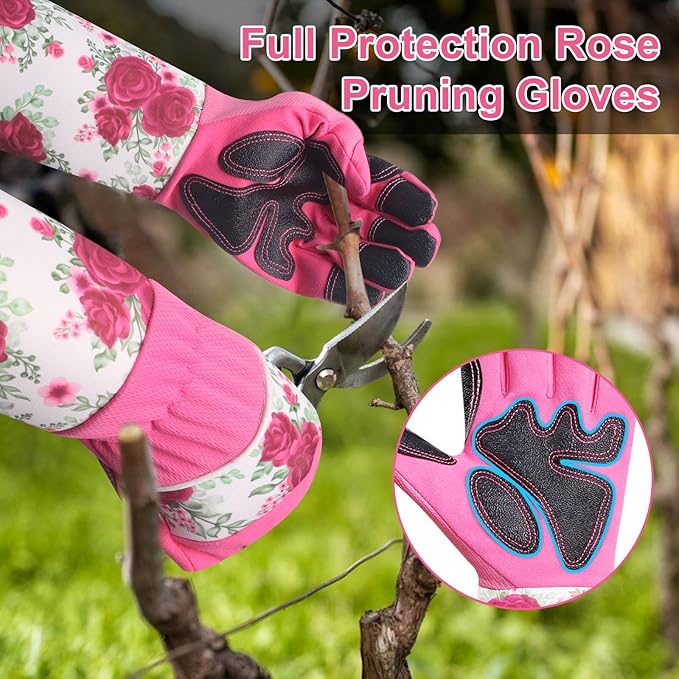 DLY Gardening Gloves for Women, Rose Gloves Gardening Thorn Proof, Long Garden Gloves for Women, Breathable & Durable Leather Gauntlet (Medium, Rose Red)
