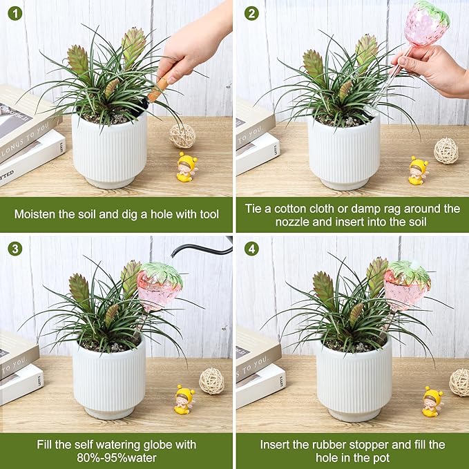 Strawberry Plant Watering Globes Set of 2, Large Water Globes for Indoor Plants, Glass Self Watering Planter Insert, Top-Fill Watering Bulbs for Indoor Outdoor Plants