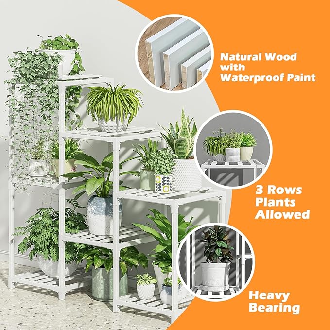 Bamworld Indoor Plant Stand Outdoor White Shelf Bamboo Plant Table for Multiple Plants 3 Tiers 7 Pots Ladder Holder Pot Window Garden Balcony Living Room