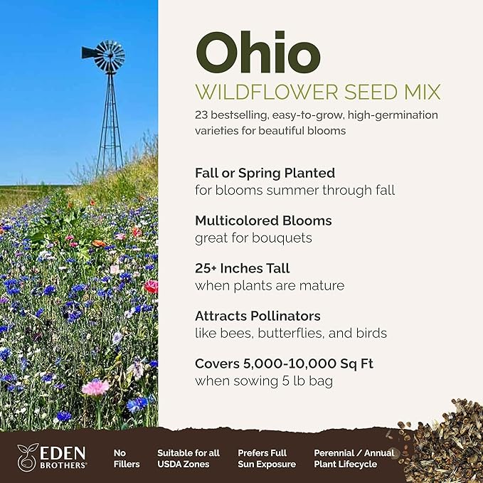 Eden Brothers Ohio Wildflower Mixed Seeds for Planting, 5 lbs, 2,400,000+ Seeds with Sweet William, Cornflower | Attracts Pollinators, Plant in Spring or Fall, Zones