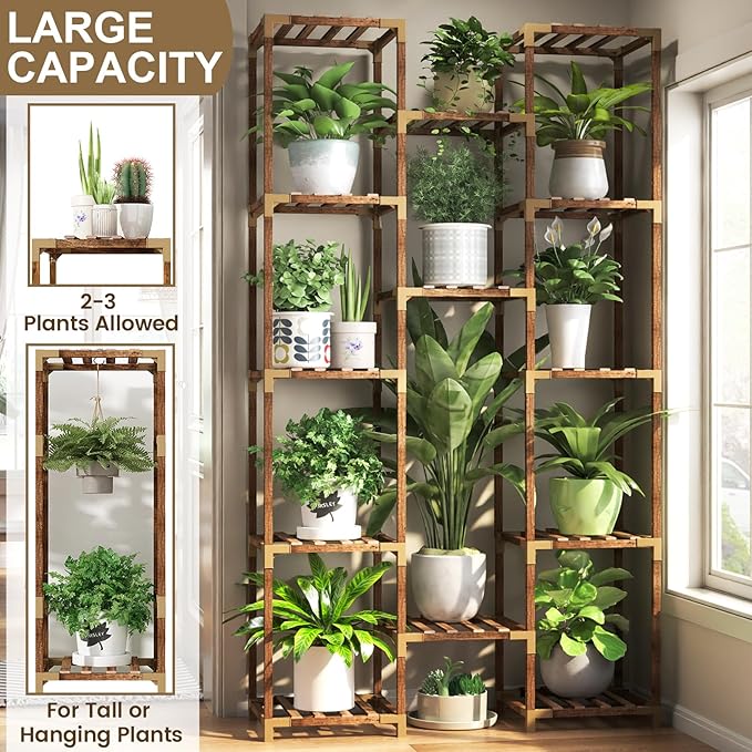 HOMKIRT Tall Plant Stand Indoor Outdoor, 13 Tier Large Plant Shelf Rack Holder for Multiple Plants, Flower Stand for Hanging Planters for Patio, Porch, Living Room, Balcony, Garden