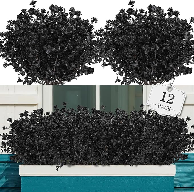 12 Bundles Black Artificial Flowers for Outdoor,No Fade Fake Plastic Flowers Faux Plants for Halloween Decor,Hanging Planters Decoration Indoor Outside Garden Porch Window Box Home Party