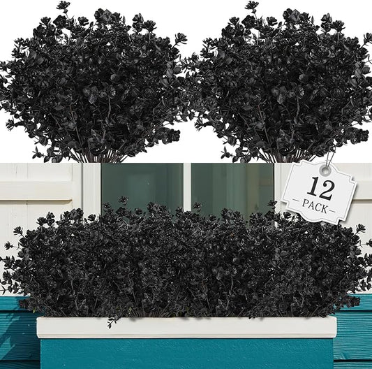 12 Bundles Black Artificial Flowers for Outdoor,No Fade Fake Plastic Flowers Faux Plants for Halloween Decor,Hanging Planters Decoration Indoor Outside Garden Porch Window Box Home Party