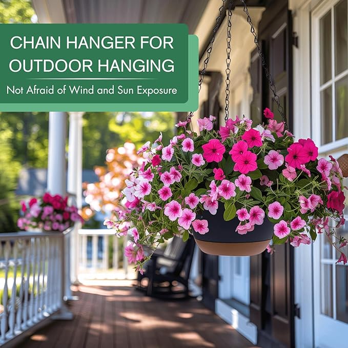 Set of 2-10 Inch Hanging Planters for Indoor Plants with Self-Watering Includes Hanging Pots for Plants, Outdoor Hanging Plant Pot with Drainage, and 2 Types of Hanging Baskets Hangers (Black, 10inch)