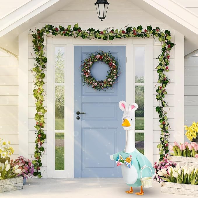 Spring Easter Egg Goose Outfit Lawn Porch Goose Clothes with Basket Goose Outfit for 23" Goose Spring Easter's Day Outdoor Patio Yard Lawn Art Decoration