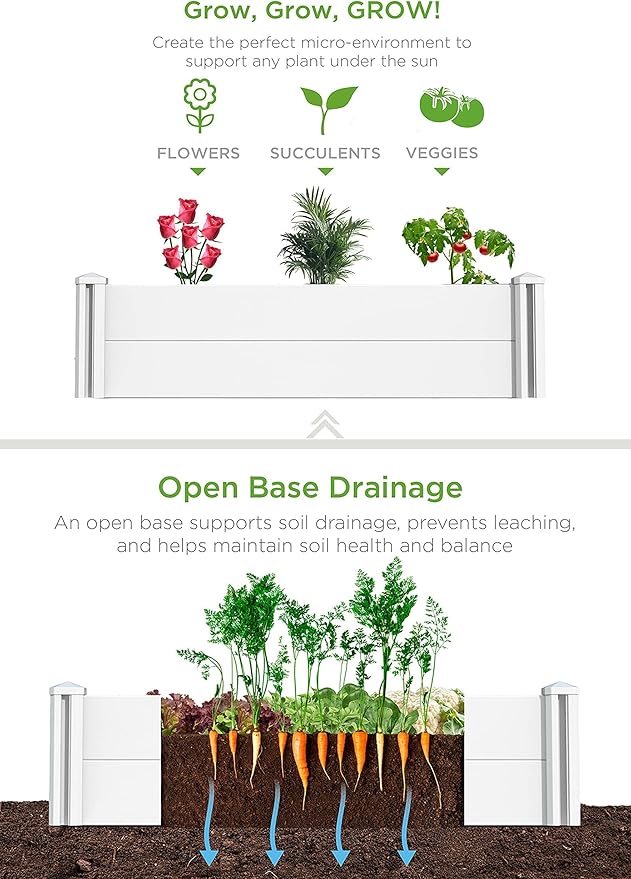 45''x22.5'' Raised Garden Bed Kit | Planter Box Outdoor for Gardening, Whelping Pen | Easy Vinyl Plastic Garden Planter Box with Grow Grid-White