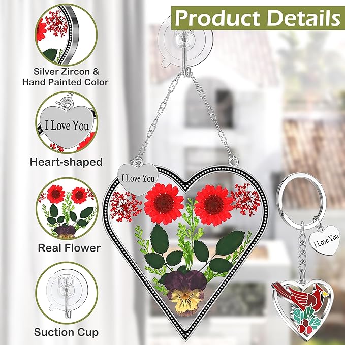 KY&BOSAM Heart Suncatcher Gift for Mom I Love You Heart Wind Chime for Windows Pressed Flower Between Heart in Glass and Metal Engraved Charm Birthday Gift for Women Mother's Day Valentine's Christmas