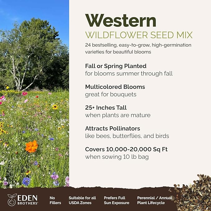 Eden Brothers Western Wildflower Mixed Seeds for Planting, 10 lb, 4,800,000+ Seeds with Cornflower, Blanket Flower | Attracts Pollinators, Plant in Spring or Fall, Zones 3, 4, 5, 6, 7, 8, 9, 10