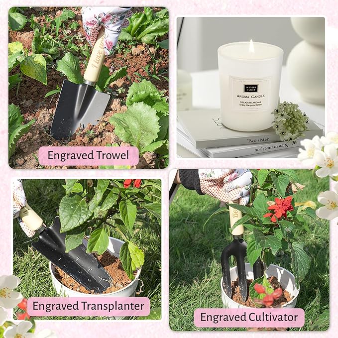 Pink Gardening Tools, Garden Tool Set for Women, 7 Piece Womens Gardening Kit with Gardening Hand Tools Straw Hat Floral Gardening Apron and Gloves,Gardening Gifts for Women Pink