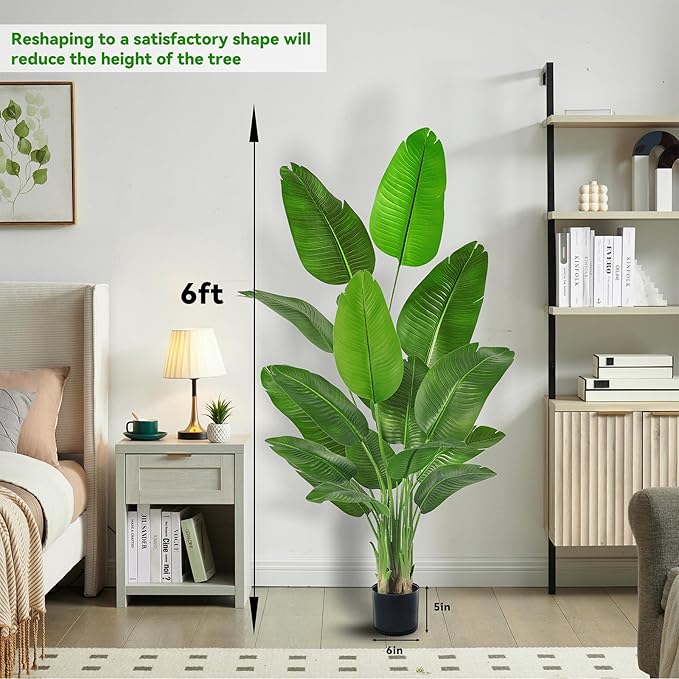 Lifelike Bird of Paradise Silk Artificial Plant Faux Banana Leaf Tree for Home Decor - Perfect Indoor Floor Plant with 9 Trunks (1, Black Planter, 6 FT)