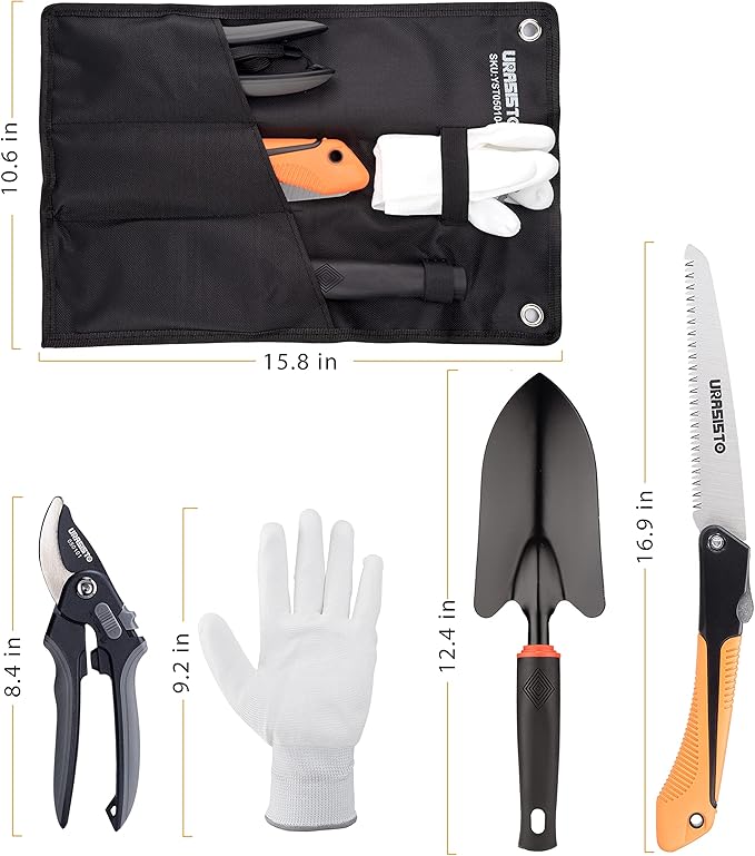 Garden Tool Set URASISTO 4 pcs Gardening Tool kit -Trowel, Folding Saw, Garden Pruner, Gardening Gloves,Roll Up Carry Bag Included, Ideal Garden Tool Kit Gifts for Women and Men