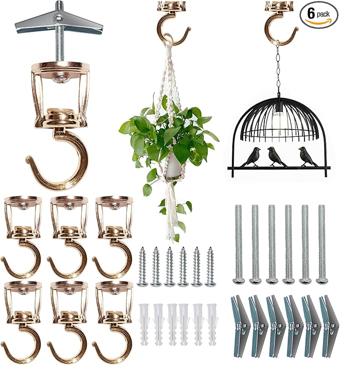 Ceiling Hooks for Hanging Plants (6 PCS Gold),Heavy Duty Metal Plant Hooks, Screw in Hooks for Hanging Birdfeeders, Lamps, Planters, Outdoor Decorative Hooks up to 33 lbs