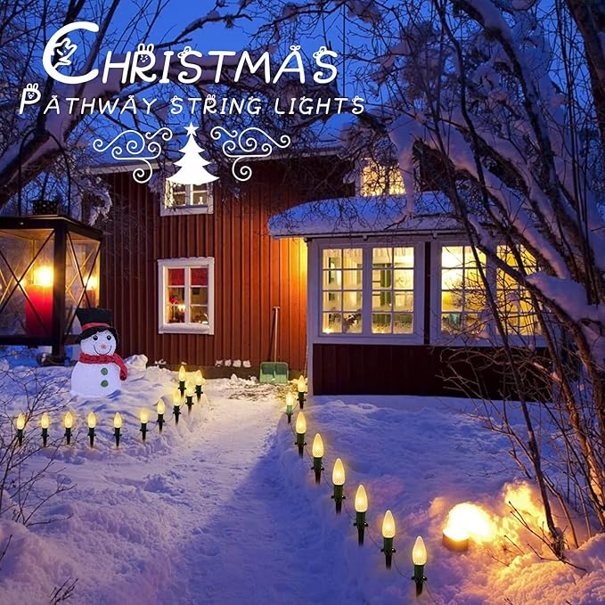 C9 Christmas Pathway Lights Outdoor, 25.7 Feet 20 LED C9 Strawberry Walkway Lights with Marker Stakes, Connectable Shatterproof C9 String Lights for Lane Outside Yard Decorations, Warm White, 4 Pack