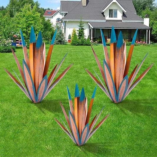 Large Tequila Rustic Sculpture, Rustic Metal Agave Plants for Outdoor Patio Yard, Home Decor Hand Painted Metal Agave Garden Yard Statue, Outdoor Lawn Ornaments (2 Big 1 Small)