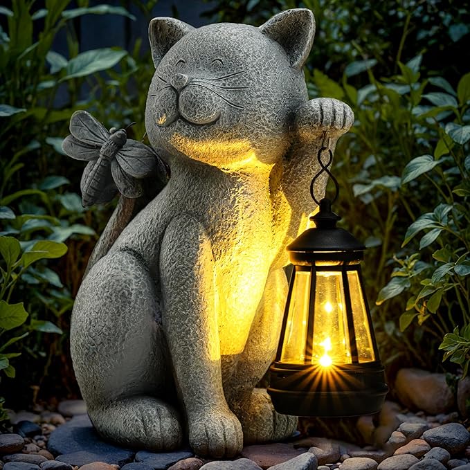 Solar Garden Outdoor Statues Cat with Solar Lantern,Outdoor Cat Figurines Decorations,Lawn Decor Rabbit Statue for Patio, Balcony, Yard Ornament,Unique Housewarming and Birthdays Gifts for Mom Women