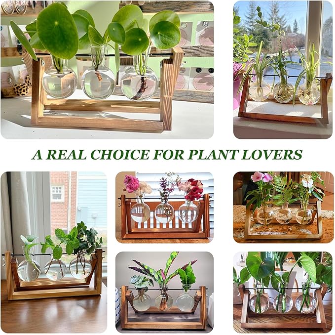 Plant Propagation Station, Plant Terrarium with Wooden Stand, Unique Gardening Birthday Gifts for Women Plant Lovers, Home Office Garden Decor Planter - 3 Bulb Glass Vases