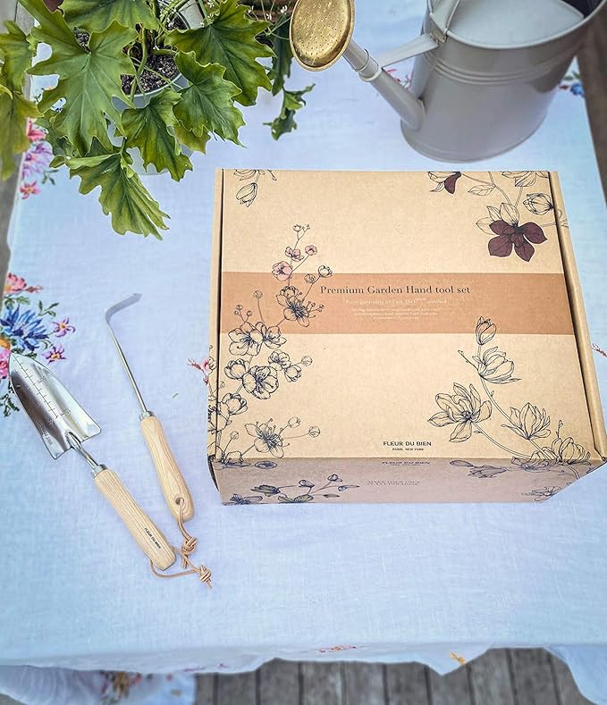 6 Piece Stainless Steel Heavy Duty Garden Tools Set, with Ash Wood Handle and Non-Slip Rubber Grip Pruner, Premium Canvas and Leather Storage Tote Bag, Outdoor Hand Tools, Garden Gift